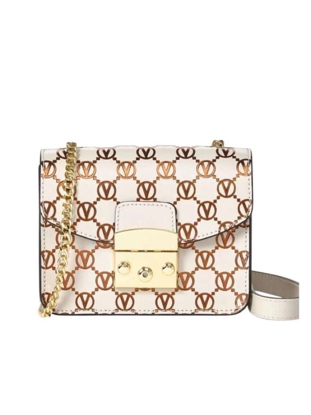 Mario Valentino Cream and Brown Monogram Crossbody with Gold Chain